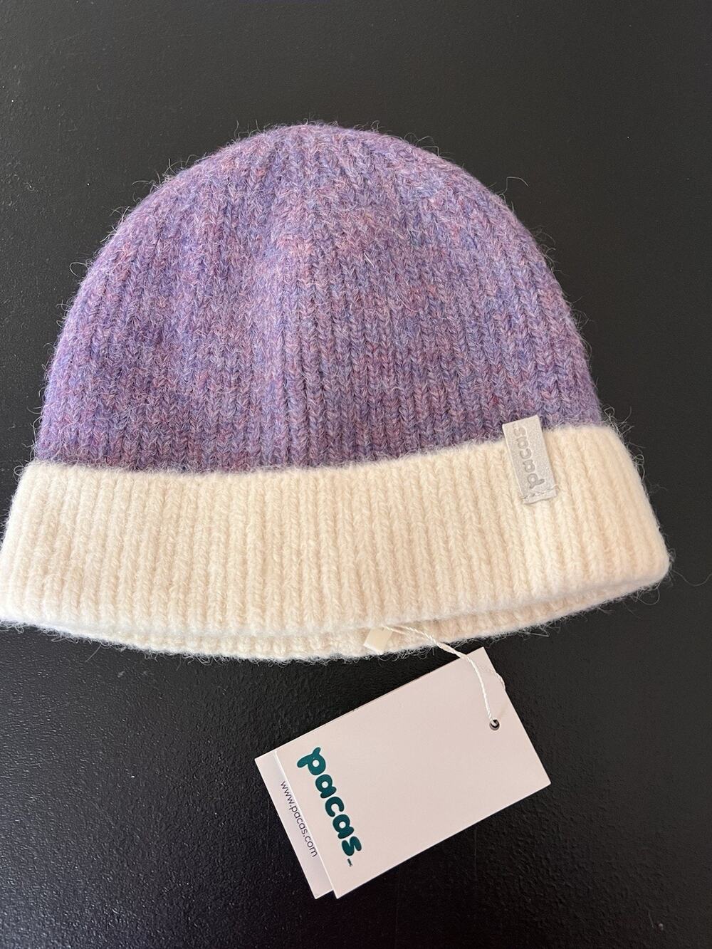 Pacas Two Tone Ribbed Beanie Cuffed Lavender Cream Baby Alpaca Soft Winter Knit